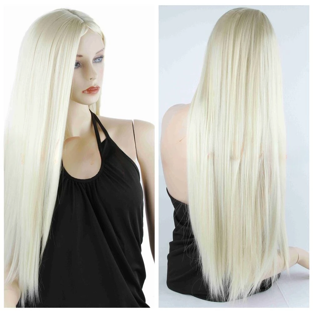 Long Silky Straight Blonde Synthetic Hair Full Middle Part Heat Soft Wigs