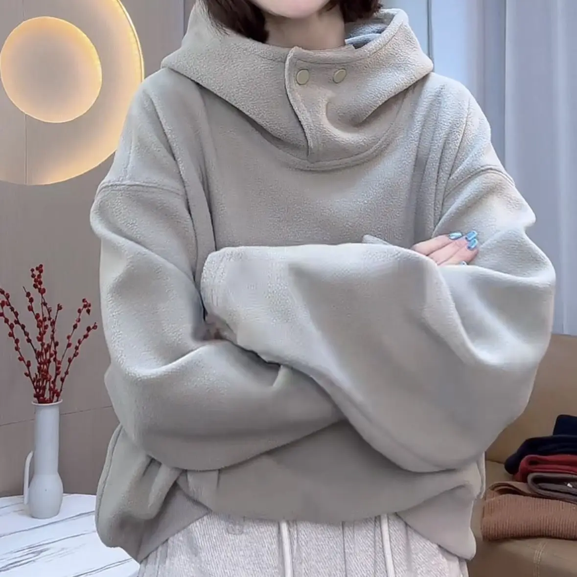 Women Hooded Polar Fleece Thick Double Sided Fleece High Collar Sweatshirt Autumn Winter Warm Layering Tops