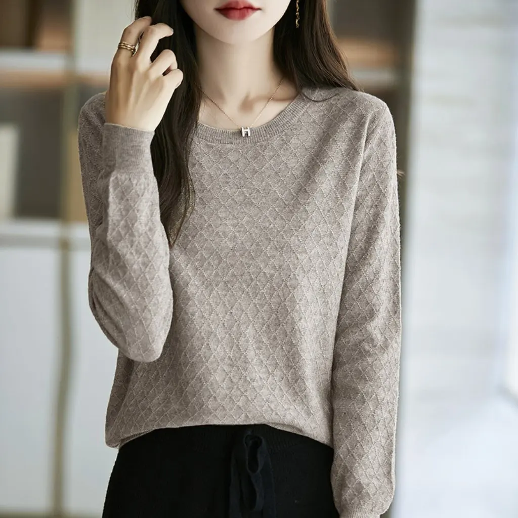 

Women's Round Neck Base Shirt Spring Autumn Loose Fit Inner Wear Outerwear Korean Style Diamond Pattern Plus Size Knitted Top