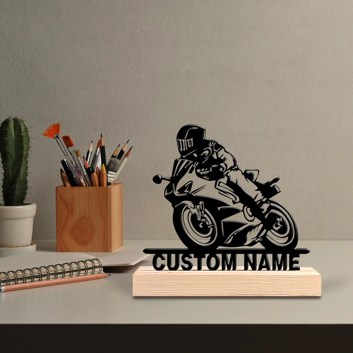1pc Personalized Custom Motorcyclist Metal Statues With Wooden Base Tabletop Decoration Nature-Inspired Desk Art with Wooden Bas