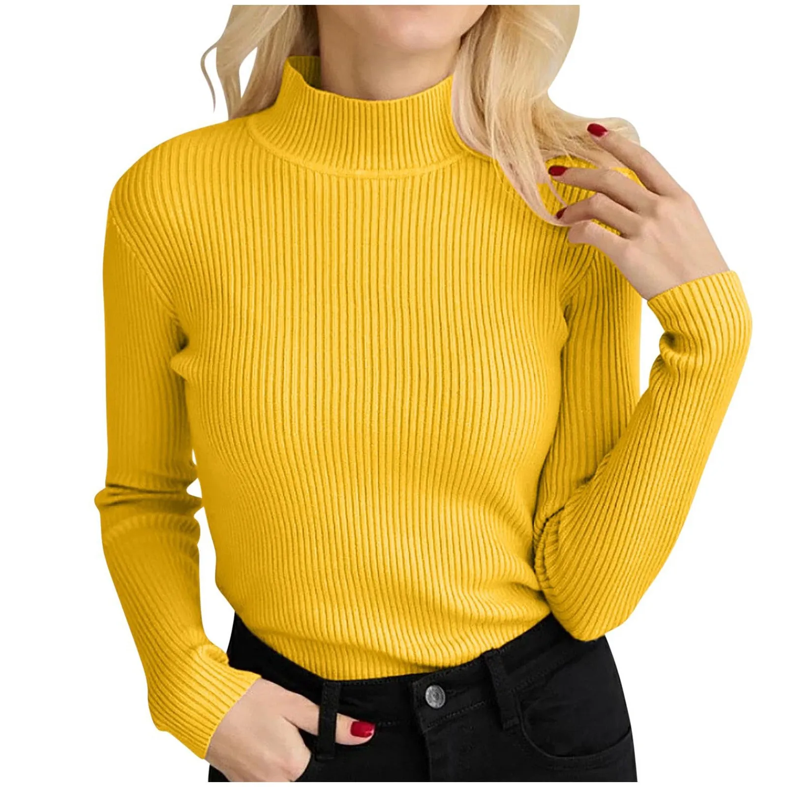 Women's Ribbed Pullover Turtleneck Elegant Plain Knitted Sweater Long Sleeve Tops Slim Fit Solid Color Autumn Winter ﻿Clothing