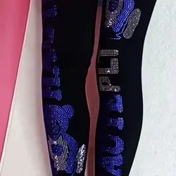 Trendy Elastic High Waist Fat Women's 7-point Pants - Cartoon Blue Bear Brigh Diamond Leggings Slimming Rhinestone Leggins