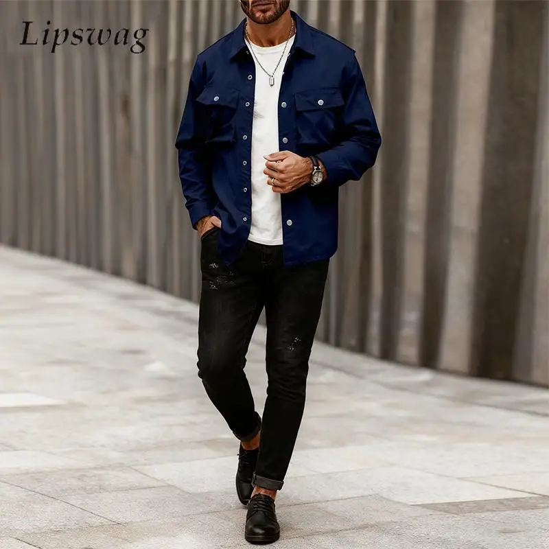 

Vintage Button-up Pockets Cargo Jacket Coat Men Spring Autumn Trendy Solid Color Cardigan Tops For Mens Outdoor Casual Jackets