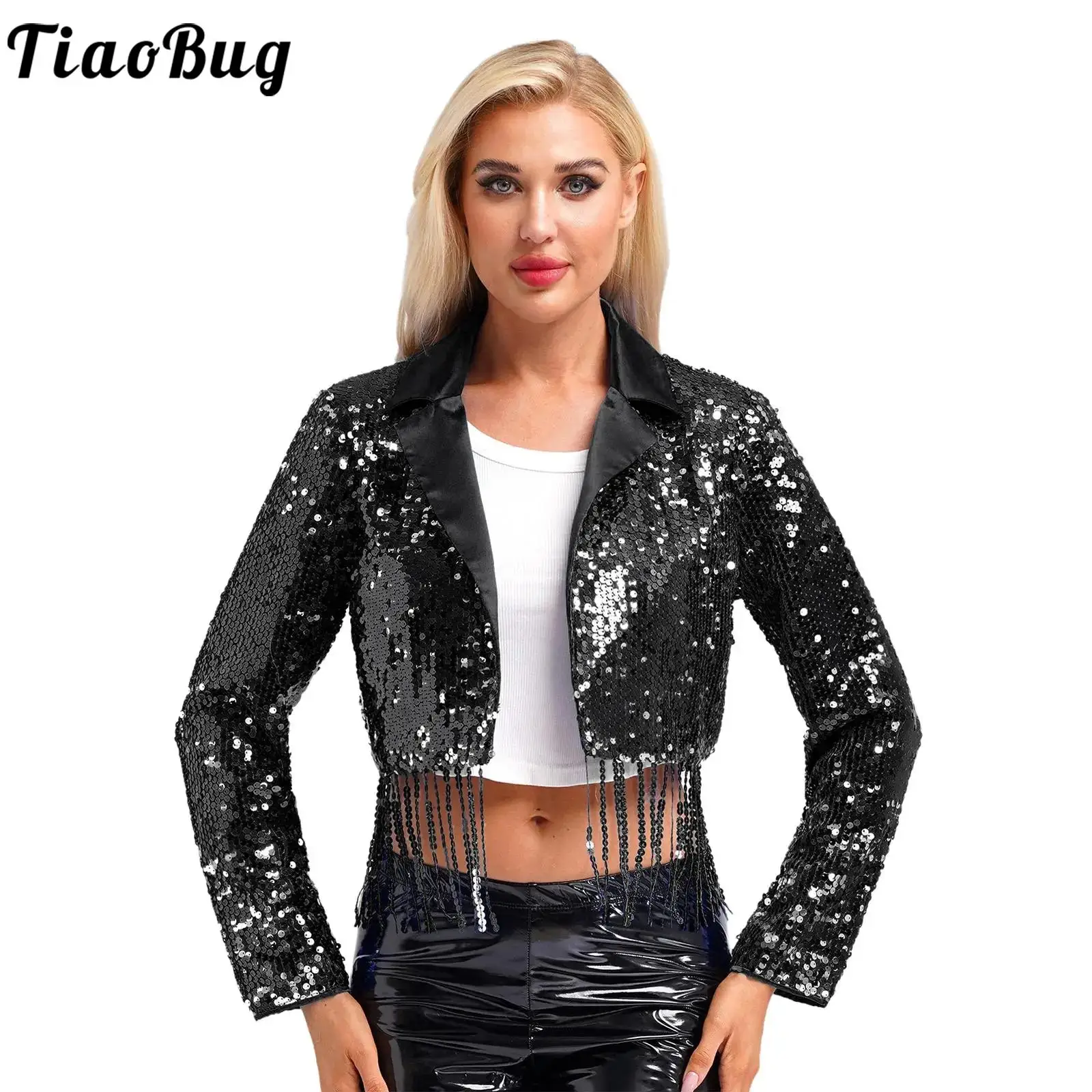 Women Glittery Disco Dance Jacket Top Long Sleeve Sparkly Sequin Tassels Coat Jacket Blazer for Banquet Pageant Ball Nightclub