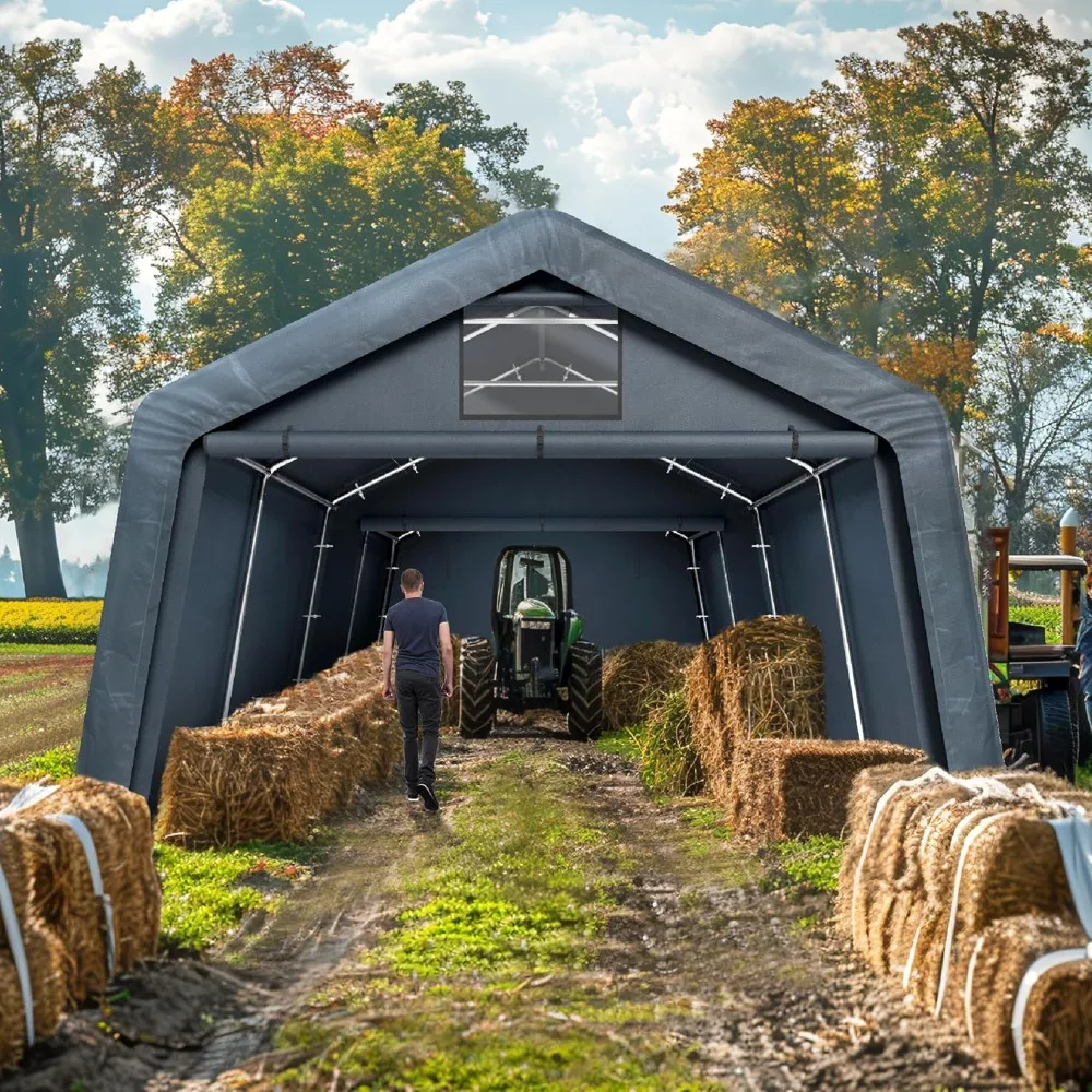 

Carport 13'X22'X9,6' Укрытие для хранения Сарай Гараж Свернутая молния Двери и вентиляционные отверстия Мотоцикл Водонепроницаемый и устойчивый к ультрафиолетовому излучению Анти-настол