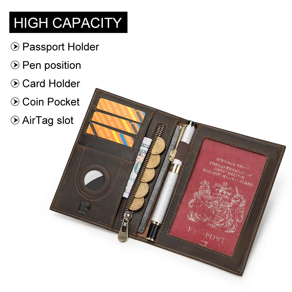 Retro Travel Passport Wallet with Airtag Case, Genuine Leather Credit Card Holder RFID Blocking Passport Cover for Men Women