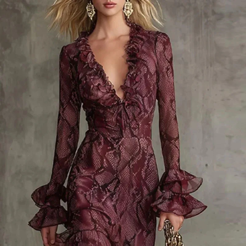 Retro Snake Print Abend Party Kleider Frau Elegante Frühling Tiefem V-ausschnitt Rüschen Langes Kleid Herbst Ausgestellte Ärmel Boho Maxi Kleid