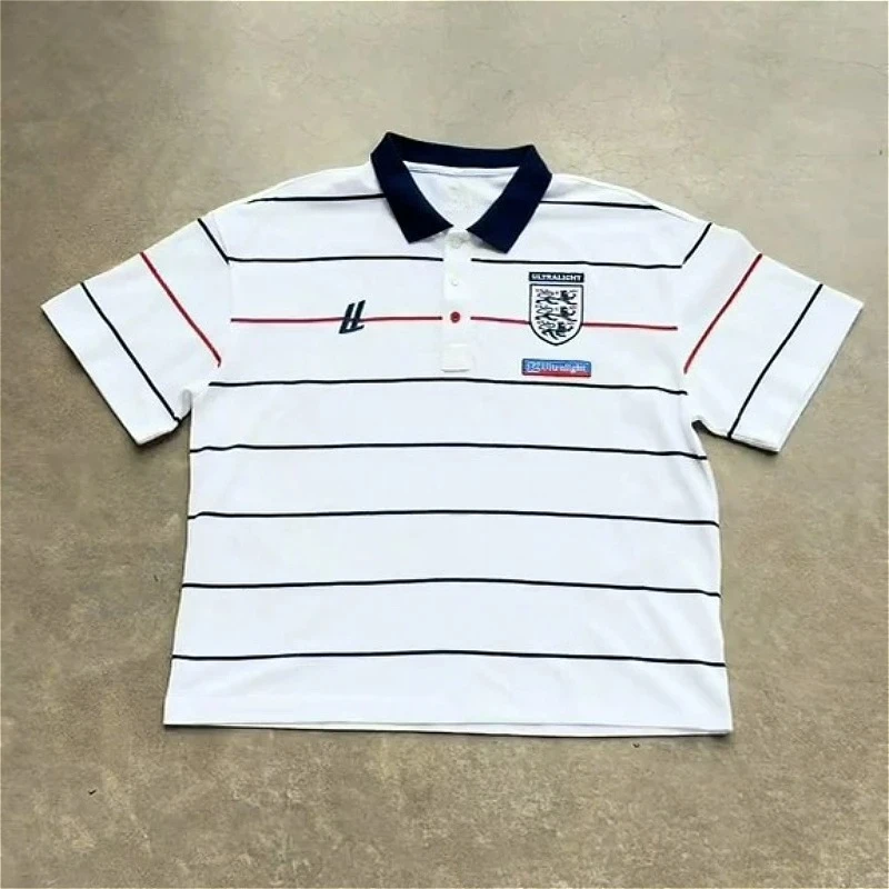 Retro Striped Patchwor Polo Shirts Embroidered Logo British Style Football T Shirts Summer Harajuku Trendy Unisex Oversized Tops