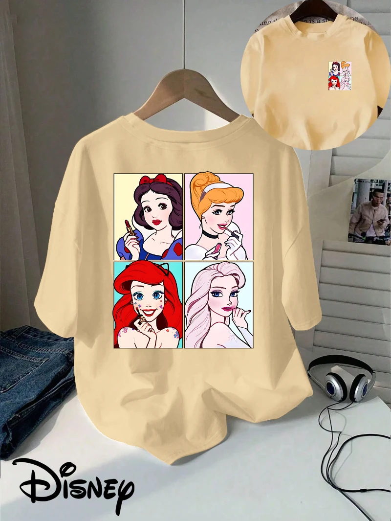 Disney autorizado princesa beleza criativa impressa camiseta, gola redonda casual superior adequado para o verão e tops de manga curta