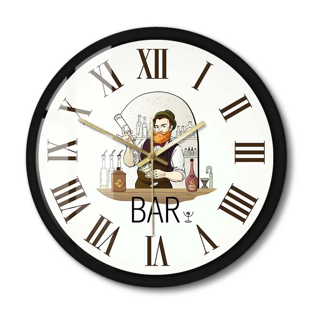 Bartender Vintage Roman Numerals Metal Frame Wall Clock Barman Shaker Drink Bar Pub Silent Wall Watch For Barkeeper Man Cave Tap