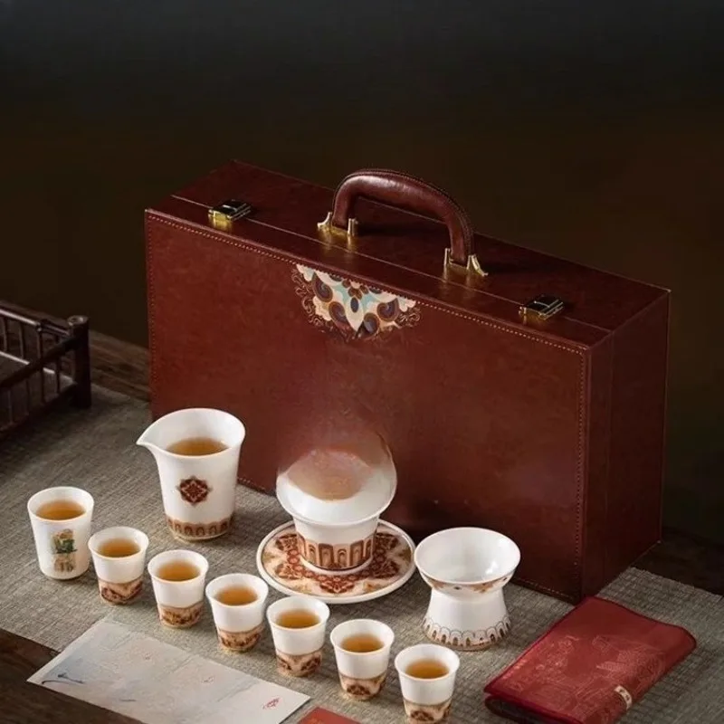 

China White Kung Fu Tea Set Suet Jade Ice Gift Tea Set Chinese Retro Court