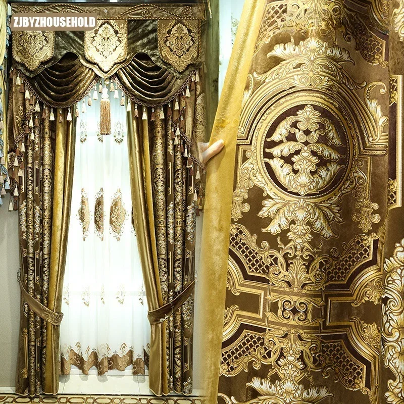 

European-style Thickened Jacquard Curtain Golden Luxury Embossed Living Room Bedroom Atmospheric