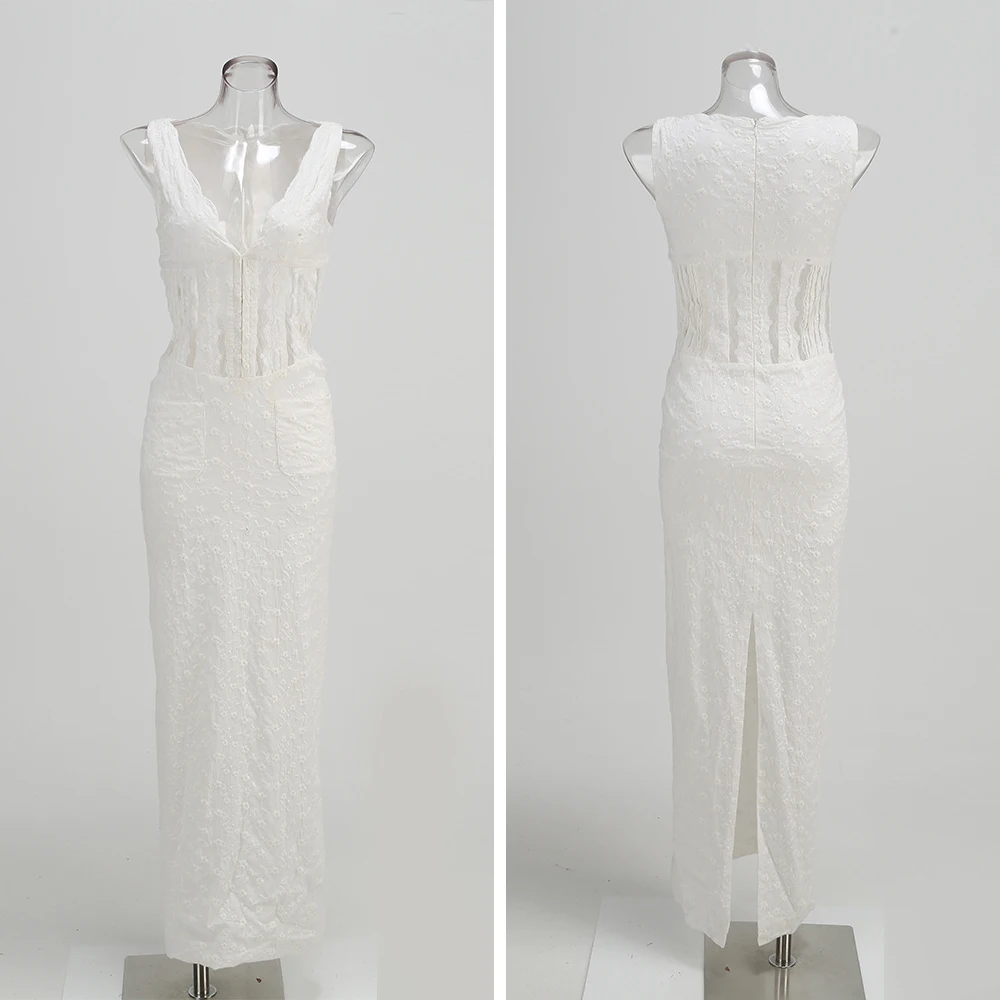 الدانتيل الخامس الرقبة عالية الخصر عارية الذراعين Bodycon مثير الرسن فستان ماكسي الأبيض الخريف بلا أكمام فستان أنيق المرأة فستان الزفاف الضيوف #6