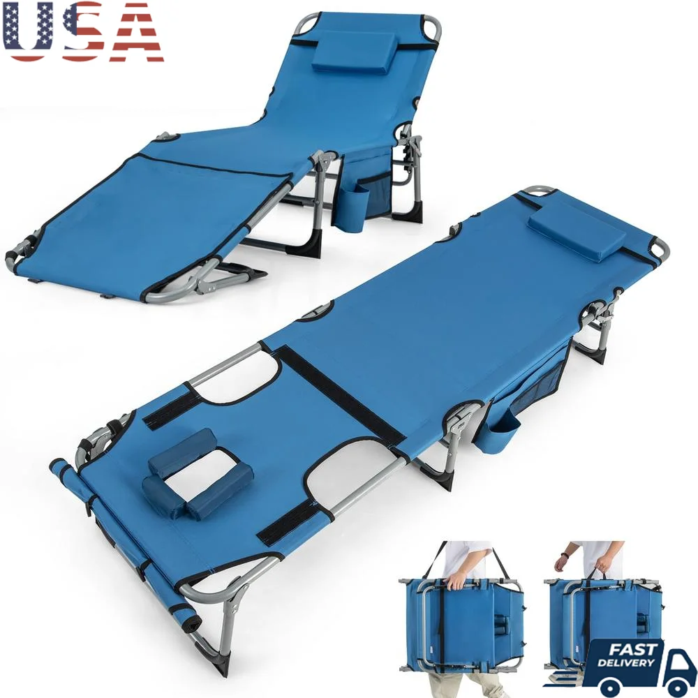 Portable Beach Lounge Chair with Face Arm Hole & Arm Strap Foldable Sunbathing Chair with Soft Cushion 5-Level Backrest & Cup