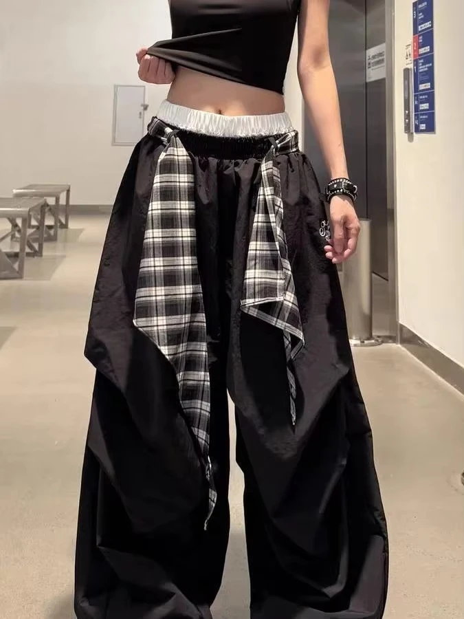 American Retro Street Dance Wearable Wide Leg Pants Detachable Loose Drapey Casual Floor-Length Trousers Plaid Splicing