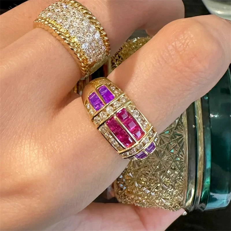 French Retro Colored Crystal Geometric Adjustable Ring for Women Personalized New Stainless Steel Jewelry Accessories Girls