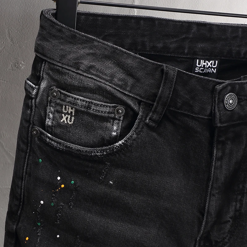Street Fashion Men Jeans Retro Black Gray Stretch Slim Fit Patched Ripped Jeans Men Painted Designer Vintage Denim Pants Hombre