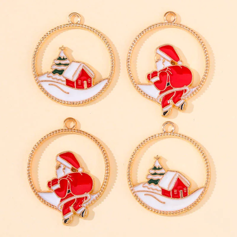 10Pcs Golden Alloy Round Hollow Out Santa Snow House Charms Pendant for DIY Christmas Ornament Earrings Bracelet Jewelry Making