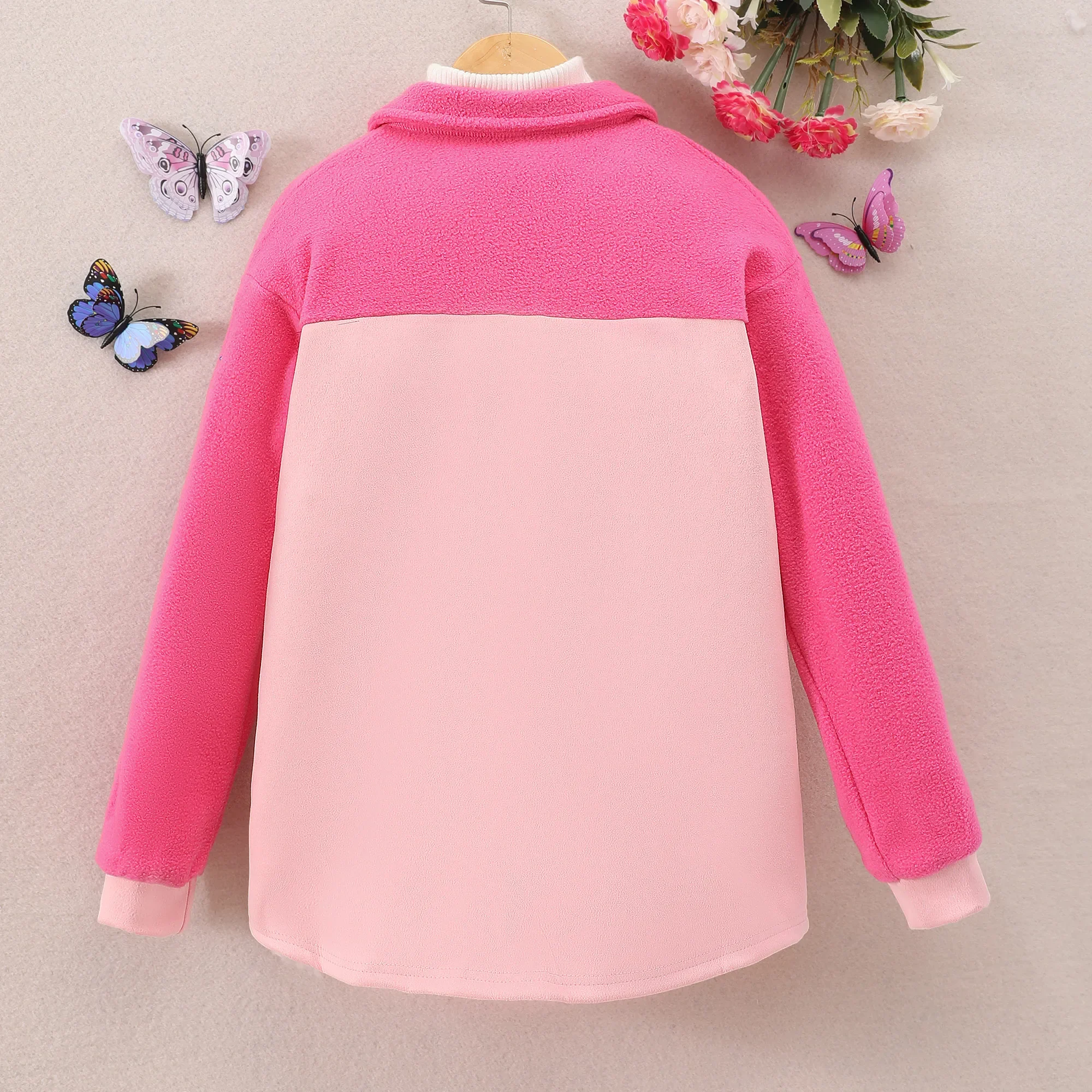 2025 New Winter Big Girls Top Long Sleeved Polo Collar Panel Plush Fashion Casual Simple Kids Coat 8 9 10 11 12 Yrs Old