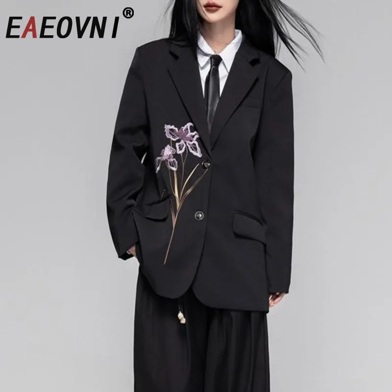 

EAEOVNI Flower Embroider Design Blazer Coat Women Fashion Notched Collar Button Office Lady Jacket 2025 Autumn New Clothing