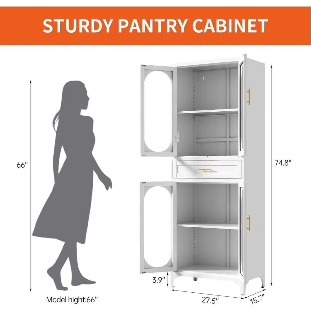 خزانة تخزين المطبخ 74.8 H مع 4 أبواب ودرج واحد، طبقات قابلة للتعديل لتخزين الحمام، خزانة معدنية طويلة للمطبخ،
