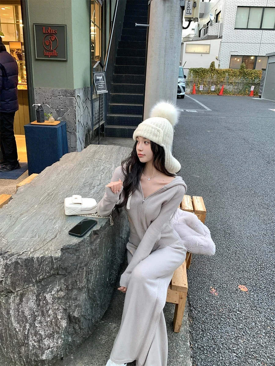 

CloudSweet женская удобная шерстяная вязаная толстовка с капюшоном, комплект кардигана, повседневная длинная шапка-свек, вязаные брюки, зимняя одежда