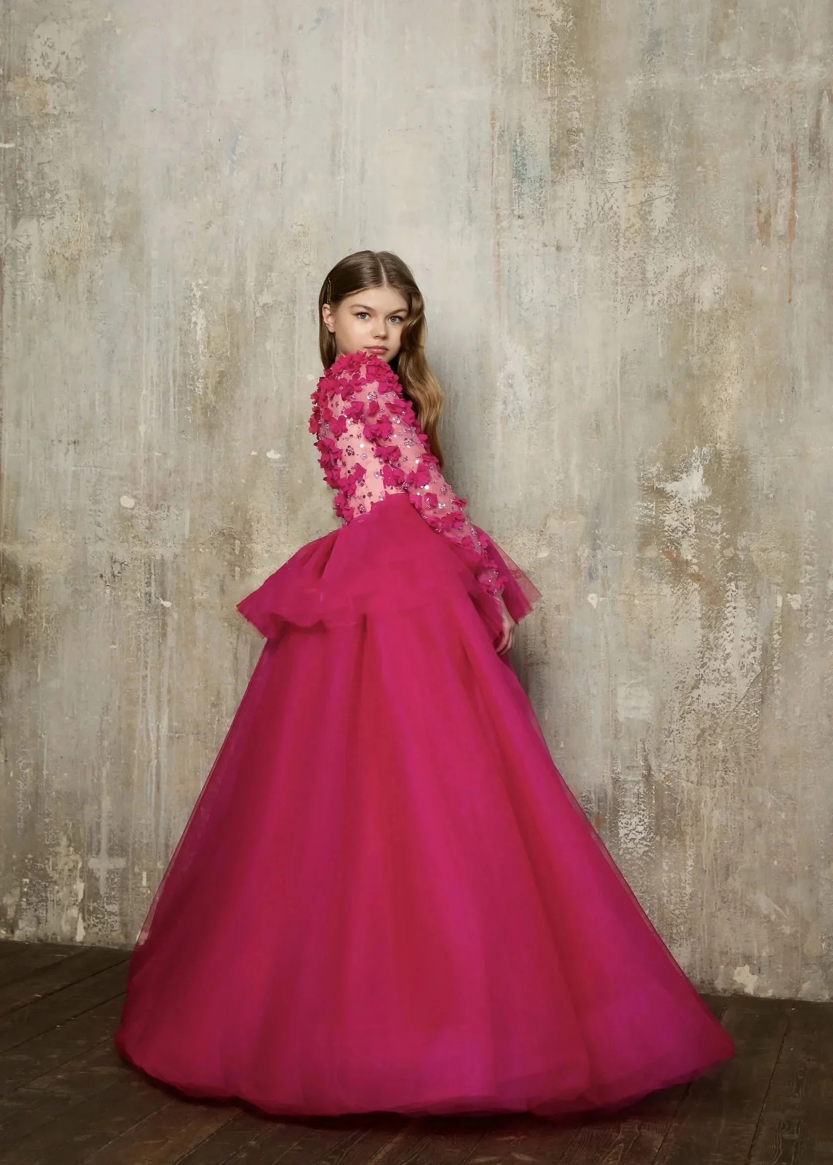 فساتين فتاة الزهور الحمراء لحفلات الزفاف بأكمام طويلة ترتر زهري رائع للأطفال Quinceanera فستان وصيفة العروس مخصص