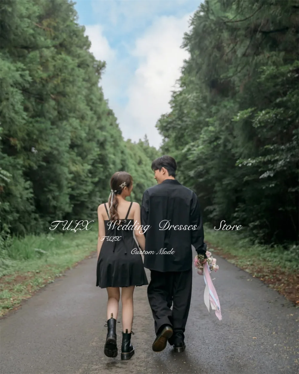 TULX 심플 블랙 미니 이브닝 드레스 한국 포토 촬영 스파게티 스트랩 A라인 숏 웨딩 파티 드레스 코르셋 맞춤 제작 2025