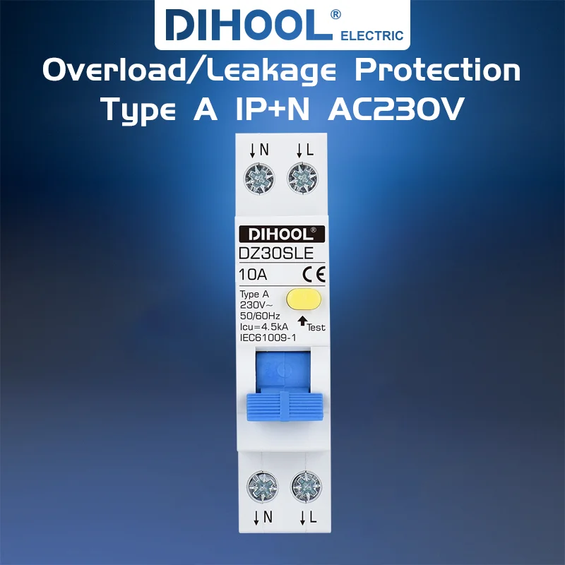 DIHOOL RCBO DZ30SLE 1P+N Type A C Curve 10A-40A AC 230V 30mA Residual Current Device Circuit Breaker Overload/Leakage Protection