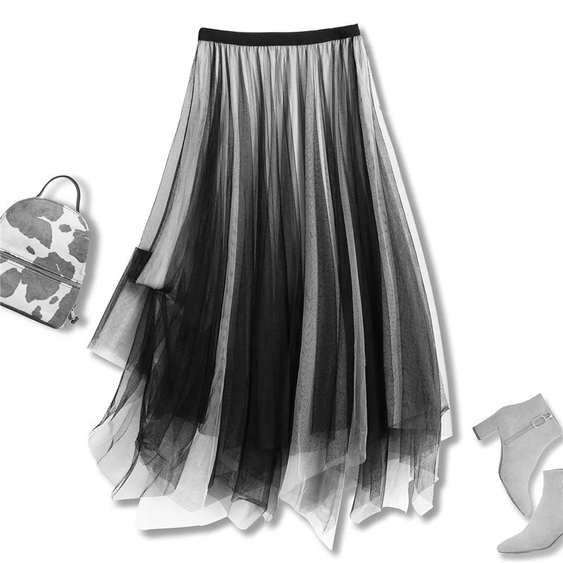 

Color Contrast Gradual Irregular Slim Mesh Pleated Skirt High Waist Mid Length Gauze Skirts For Women 2023 New M252