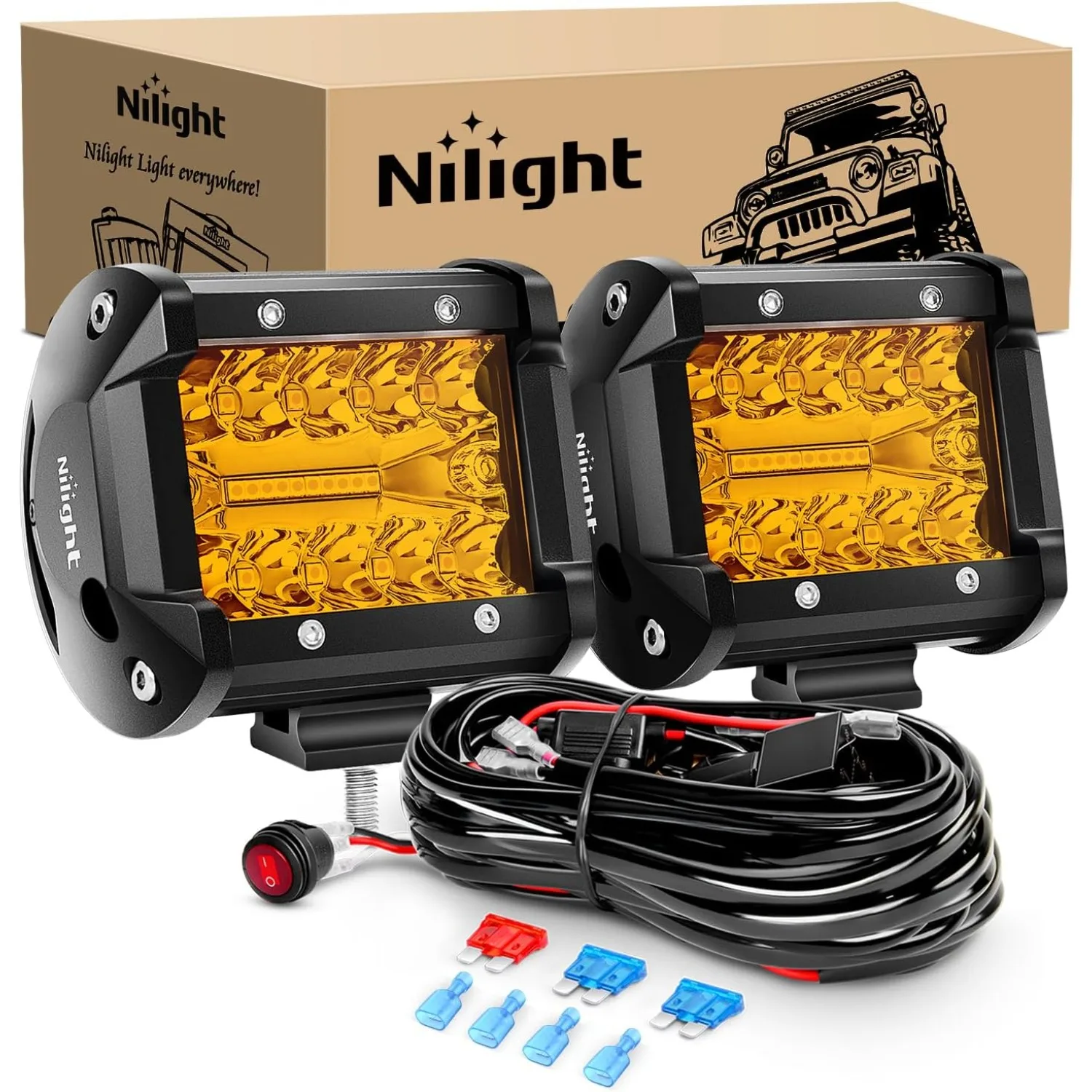 

Nilight 2PC 4Inch Amber Led Pods Triple Row 60W Flood Spot Combo Driving Fog Lights with 16AWG Wiring Harness-2 Leads for Offroad Pickup Trucks Jeep ATV UTV SUV
