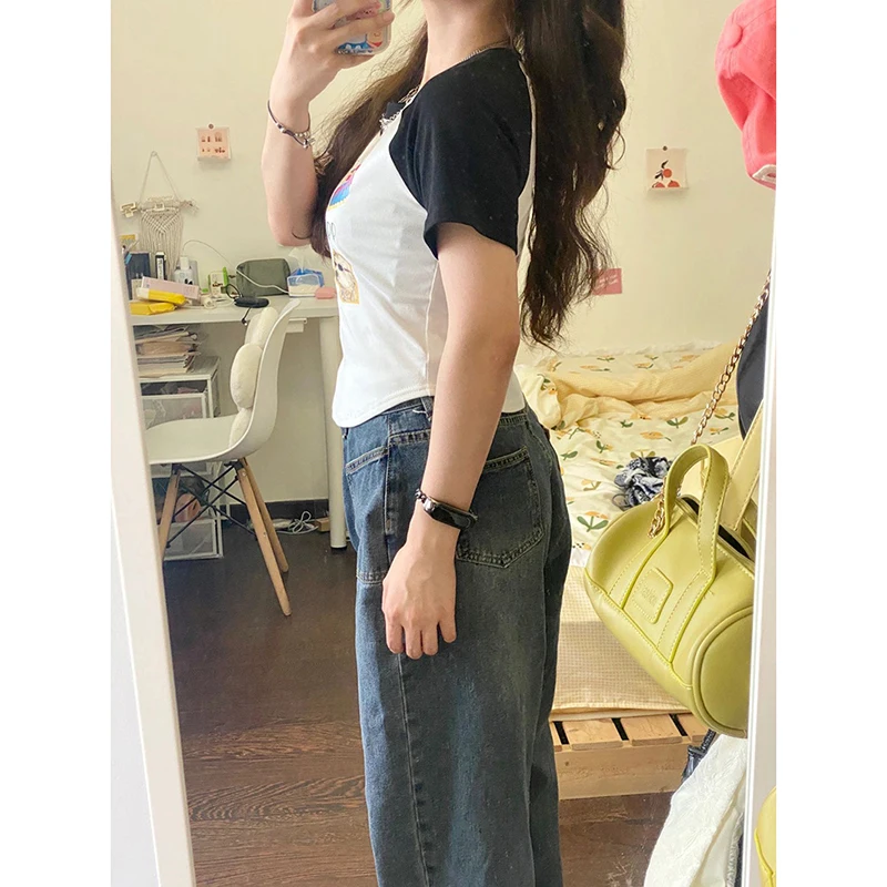 Été ort Sve T-shirt femme épicé fille polyvalent coréen Sle Chic oulder Insertion américain rétro ort longueur haut