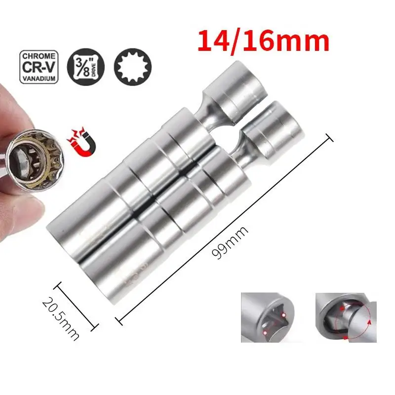 

14mm16mm Set Spark Plug Socket Wrench Adapter Universal Joint With Magnetic Flexible Socket Thin Wall 3/8" Drive Car Repair Tool