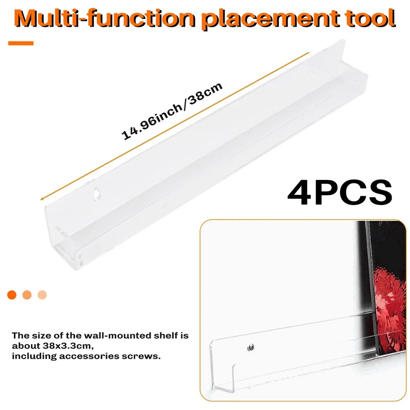 4Pcs Acrylic Clear Floating Bookshelf, Wall Mounted Bookshelf,Modern Picture Display Toy Organizer Record Rack