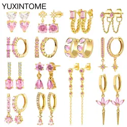 925 Sterling Silver Ear Needle Pink CZ Crystal Hoop Earrings for women Fashion Enamel Pendant Gold Earring Luxury Jewelry Gifts