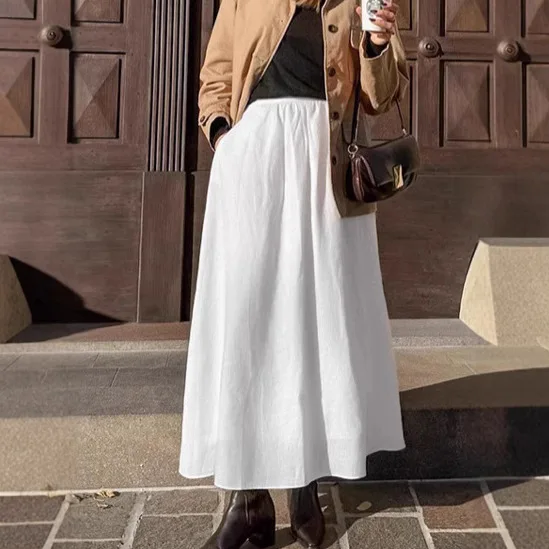 

French Elegant White A-shaped Skirt Women's Spring And Summer Temperament Drape High Waist Cotton And Linen Long Skirt Women