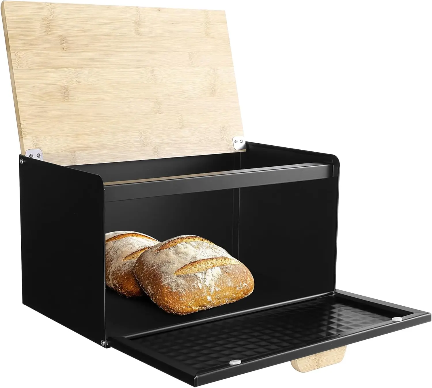 

Large Black Bread Bin with Bamboo Lid - Modern Kitchen Storage Box for Bread and Small Items