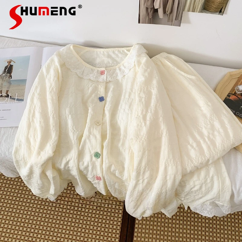 

Simple Solid Color Padded Sleep Wear for Women Sweet Lace Cotton Sleep Homewear Set Female Japanese Style Pajama Suits