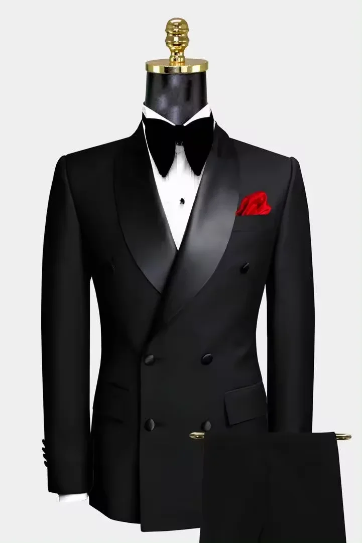 Black shawl satin lapel double breasted men's set for weddings, groomsmen, dances, and dinners, groom's jacket and pants