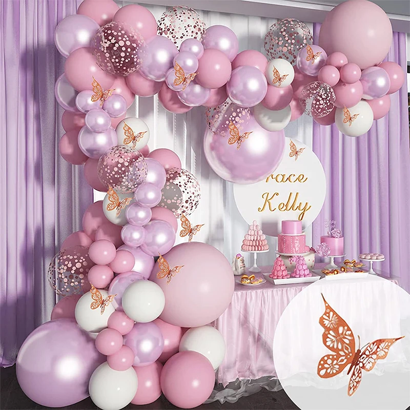 123Pcs Pink Butterfly Balloons Garland Arch Birthday Party Decoration Balloon Kit Bridal Shower Baby Shower Wedding Decor