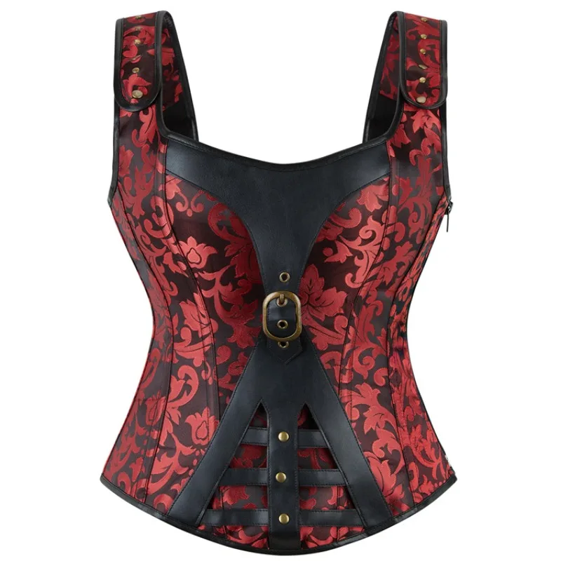 

Steampunk Corset PU Leather Gothic Corset Vest for Women Detachable Double-Strap Halloween Pirate Tops Women Bustier Red