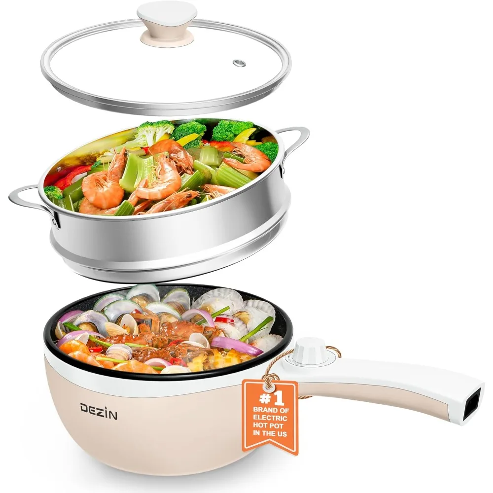 

Hot Pot Electric with Steamer Upgraded, Rapid Noodles Electric Pot, 1.5L Mini Pot for Steak,Soup with Power Adjustment