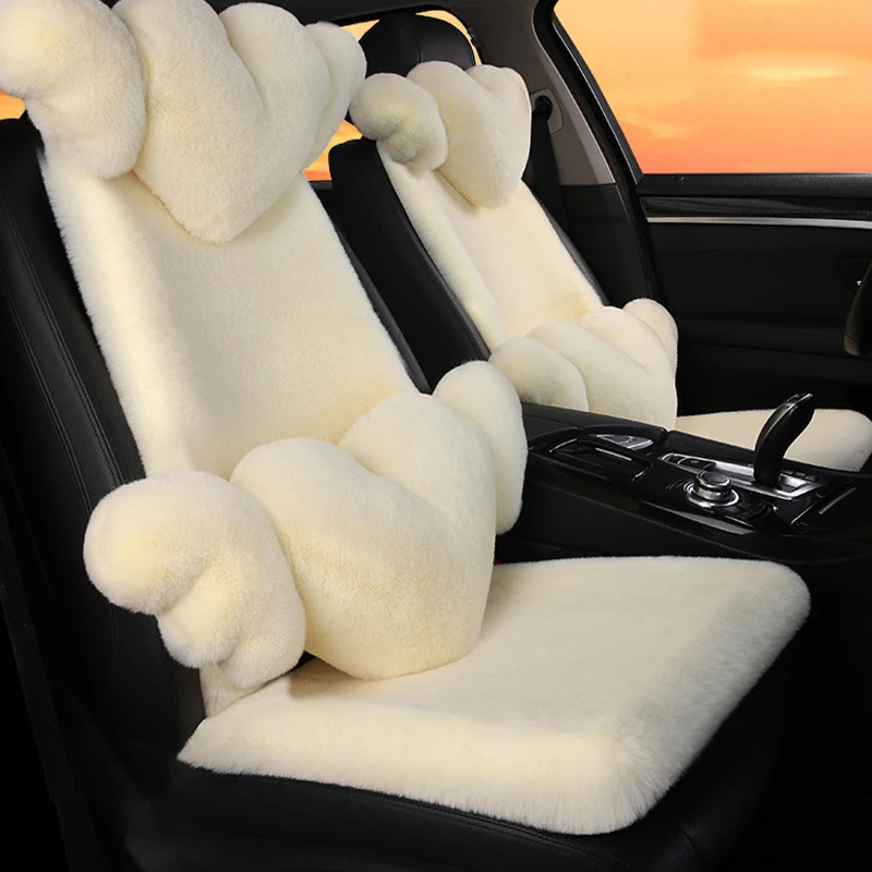 2/3/4pcs Super Soft Fluffy Rabbit Faux Fur Car Seat Cover Winter Plush Warm Thick Home Car Seat Cushion Pad Neck/Waist Pillow