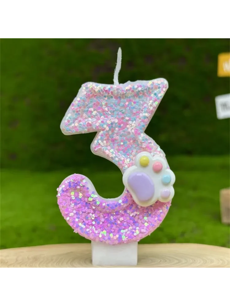 Número 3d velas decoração do bolo glitter rosa garra tema número velas bolo topper festa de