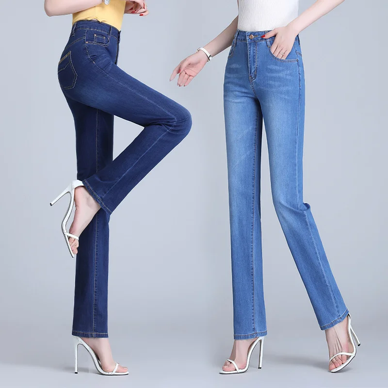 

2023 New Fashion Summer Denim Trousers Women High Waist Jeans Mother Washed Stretch Soft Thin Jeans Female Casual Straight Pants