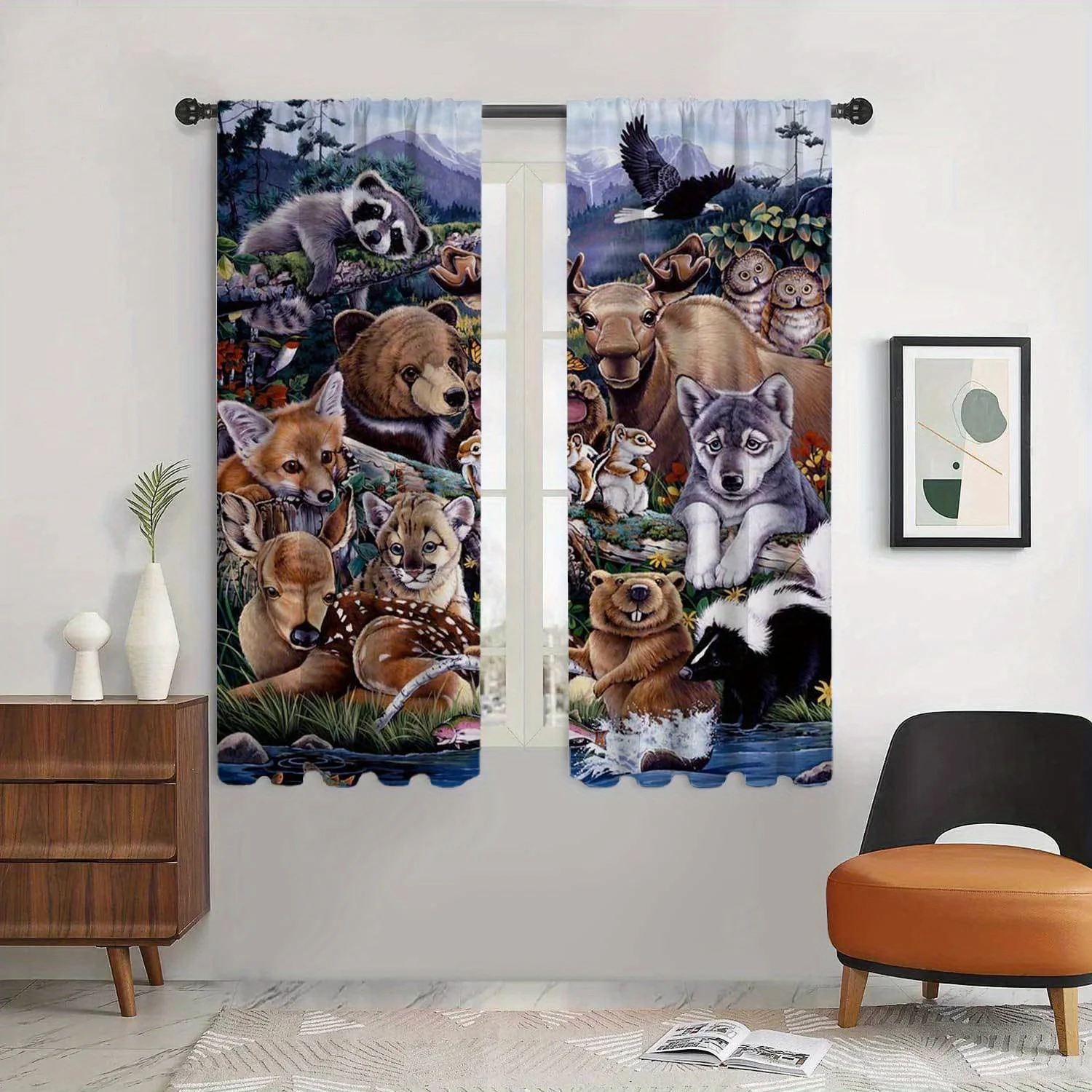 Bohemian Farmhouse Animals Printed Curtain Durable Doorway Drapes with Tie Back for Living Room Machine Washable Vintage Drapes