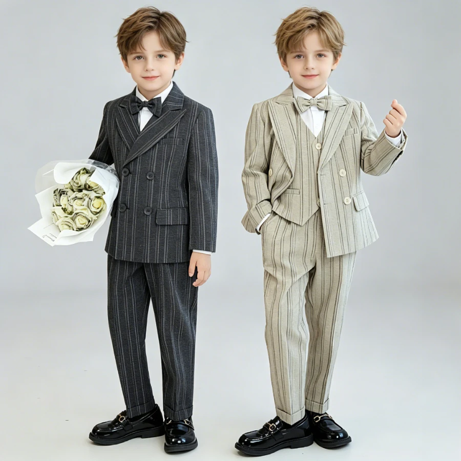 

Boys Striped Formal Suit Set Blazer Vest Shirt Pants with Bow Tie for Wedding Party School Performance Graduation Photoshoot 8 Y