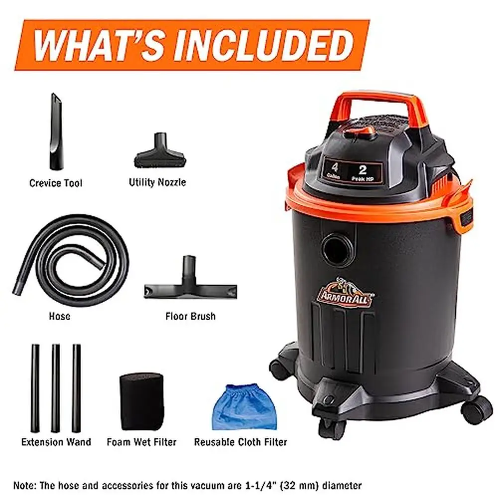 Bicos a vácuo e escova, 4 galão, Wet and Dry Shop Vacuum, 2.0 HP, Leve, Ferramenta de limpeza versátil, Casa, Oficina, Uso na Garagem, Elétrica com fio