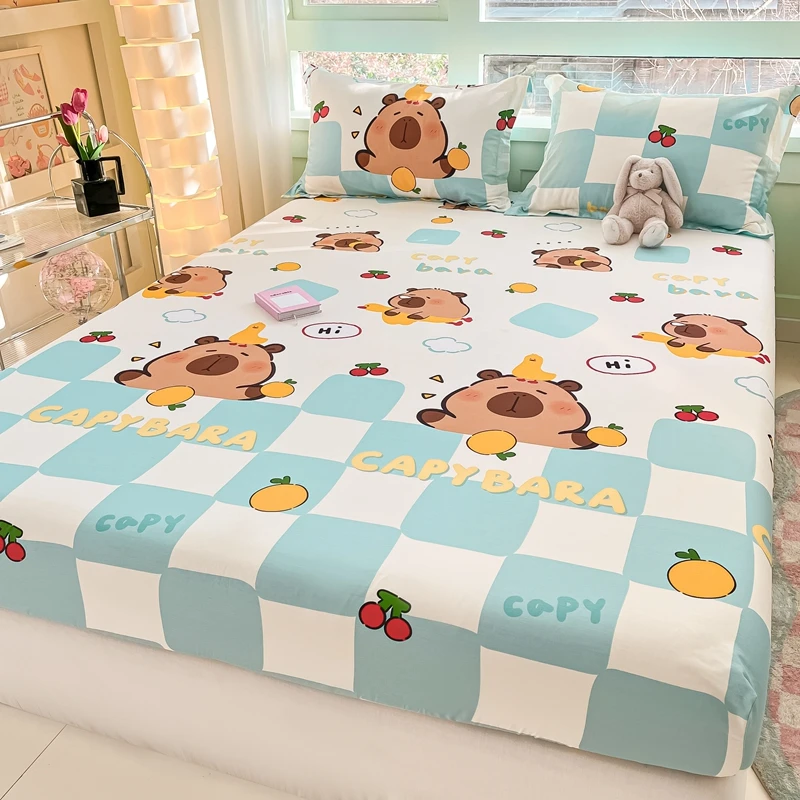 Cute Capybara Pattern Fitted Sheet Queen 100% Cotton Cartoon Bed Cover Plaid Print Mattress Cover Elastic Bedding for Kids Teens