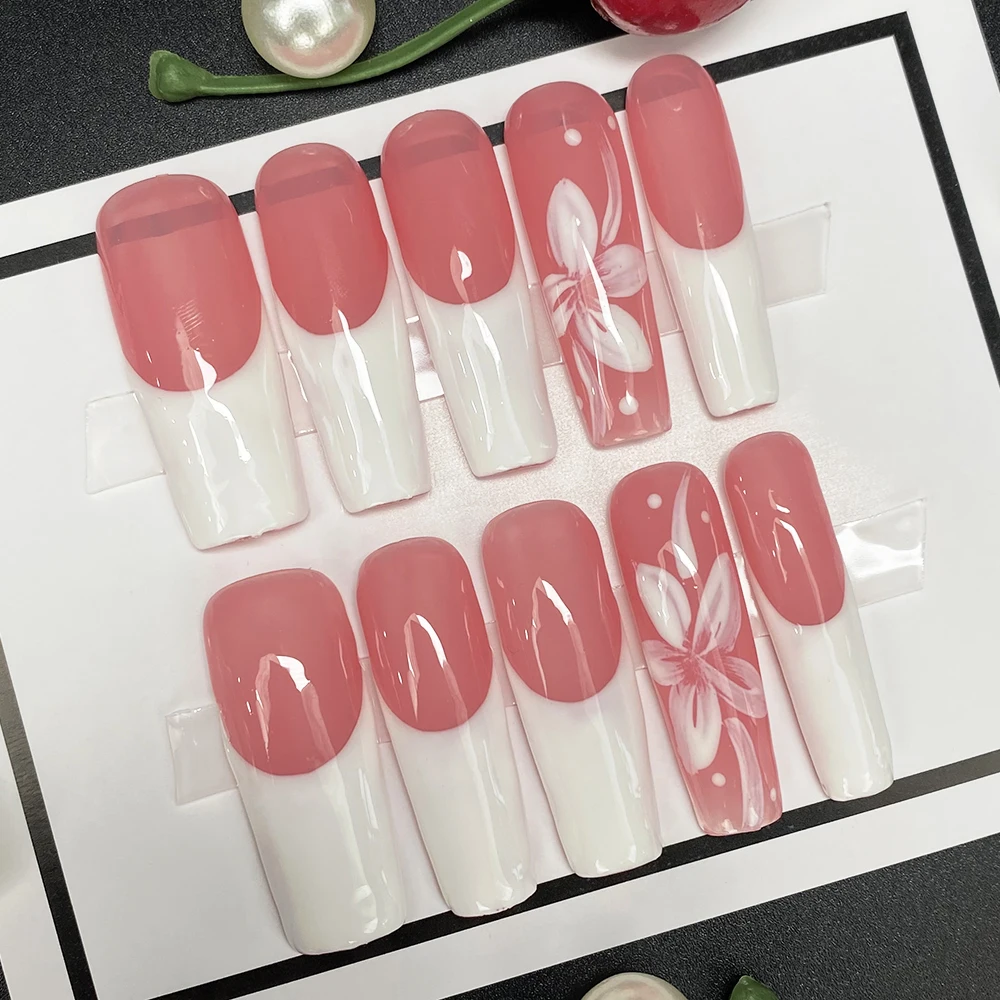 

10PCS Hand Painted Glossy Y2K French Press on Nails Art Beautiful Customized Design Reusable Acrylic Handmade False Manicure